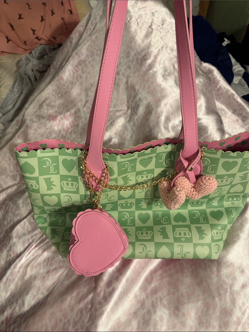 Pink & Green Juicy Couture Heart Print Tote Bag with Charm
